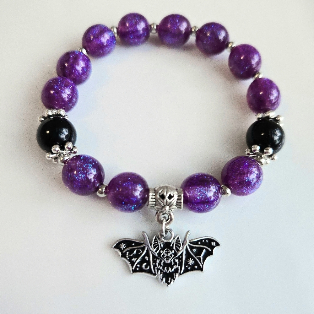Sparkly Purple and Black Beaded Bracelet with Bat Charm